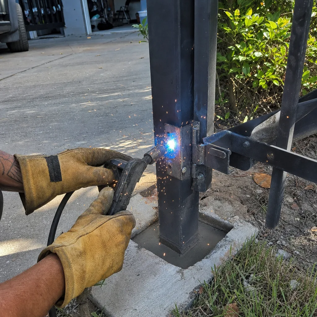 Professional technician welding a metal gate hinge for repair