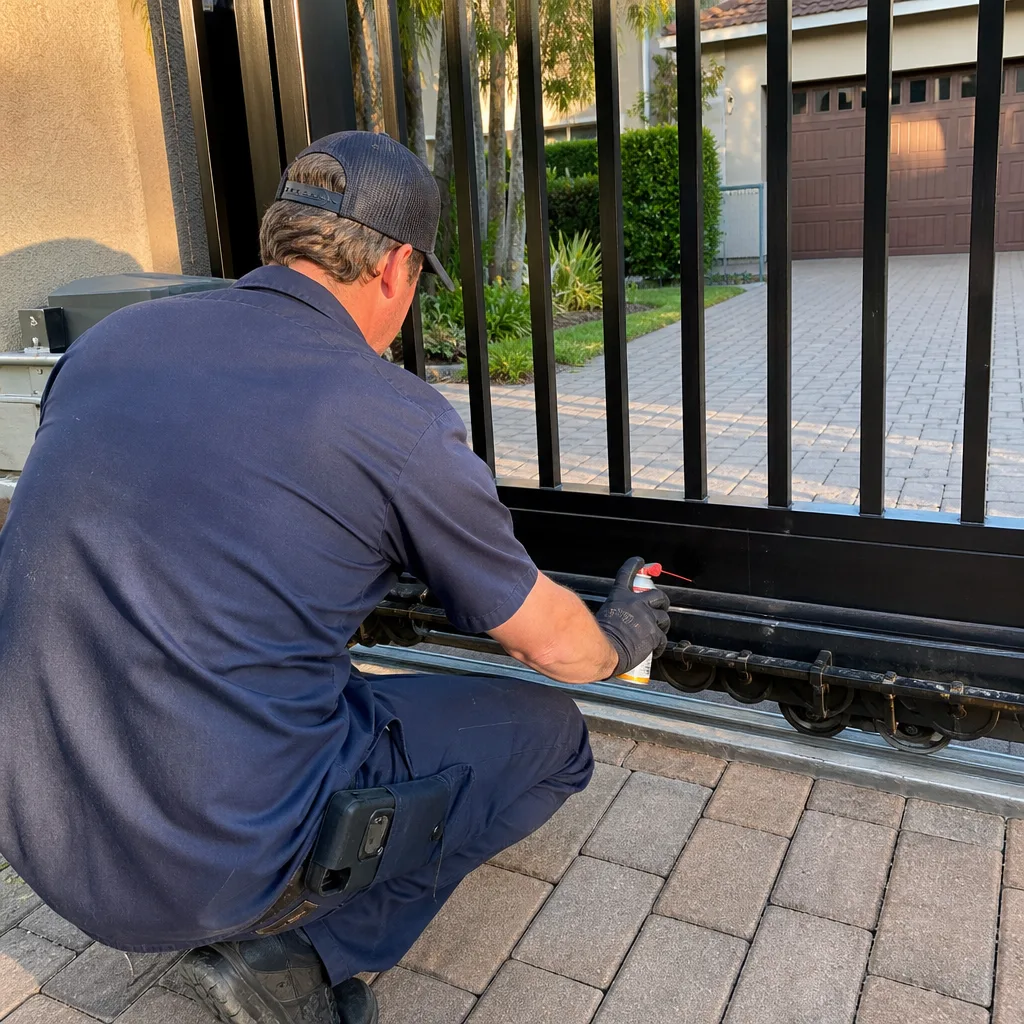 Technician performing automatic sliding gate motor repair and maintenance