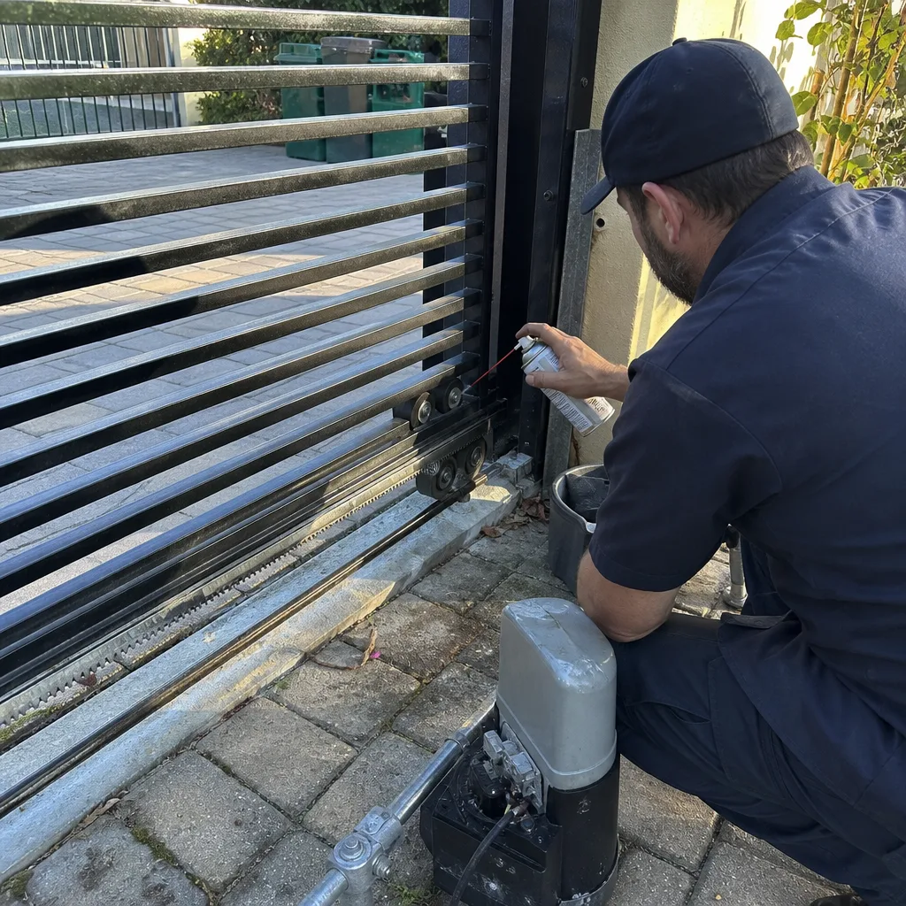 Technician performing professional sliding gate motor repair and lubrication maintenance