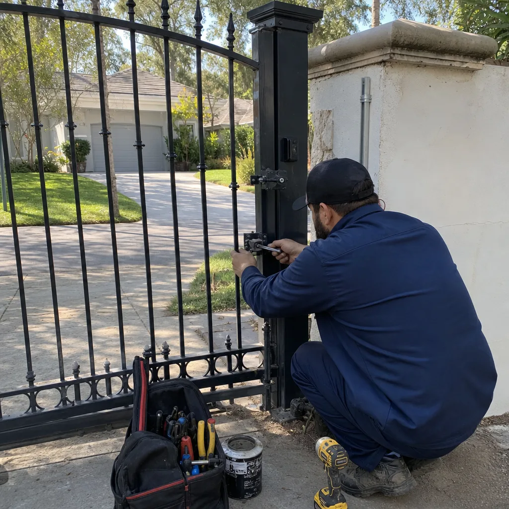 Technician performing professional metal gate latch and motor repair service