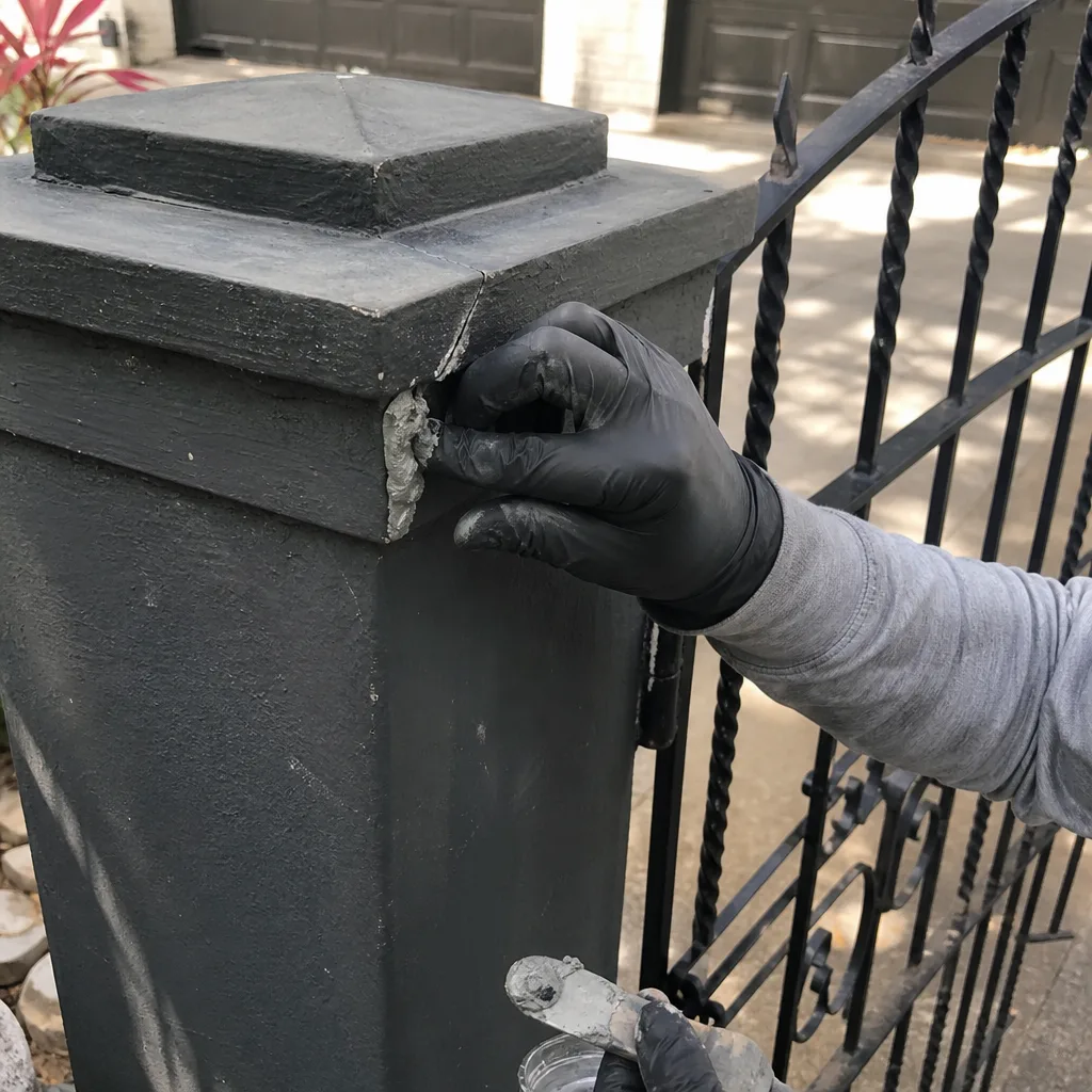 Worker repairing a cracked gate pillar with construction putty
