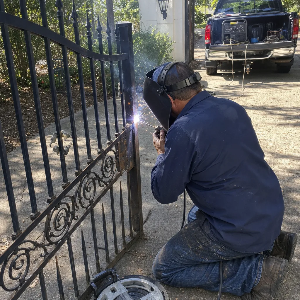 Professional welder performing metal gate repair with welding equipment