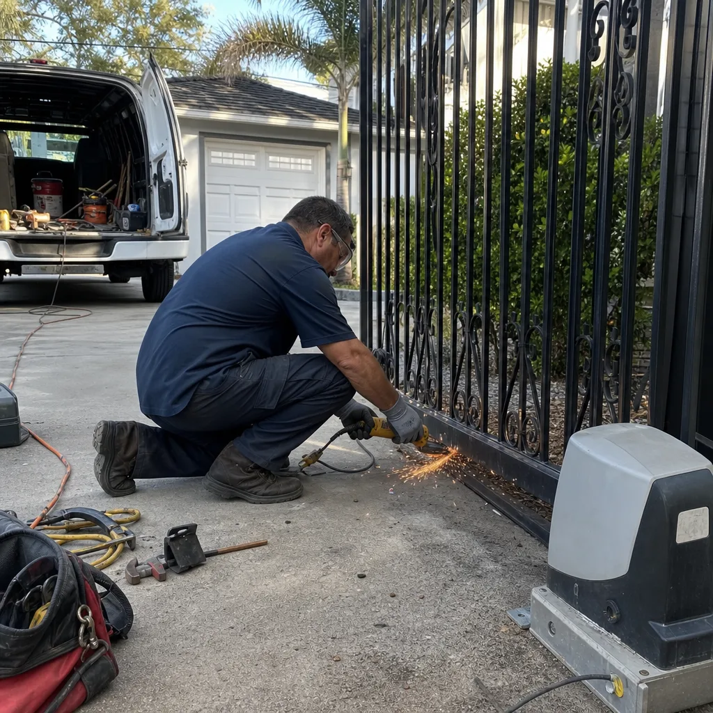 Technician using an angle grinder for professional metal gate repair